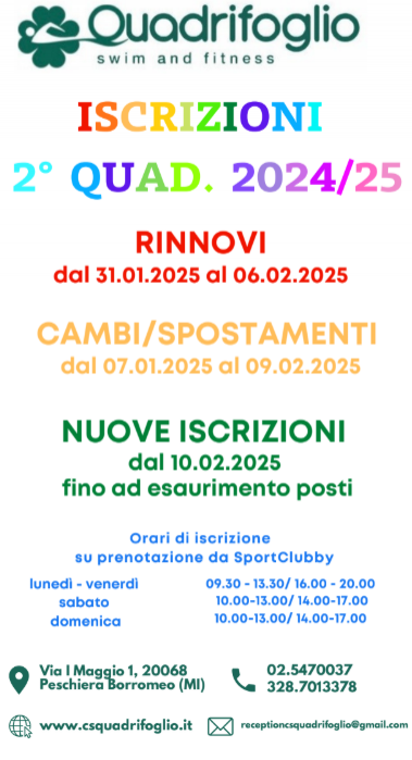 ISCRIZIONI 2° QUADRIMESTRE 2024 - 2025 - Centro Sportivo Quadrifoglio