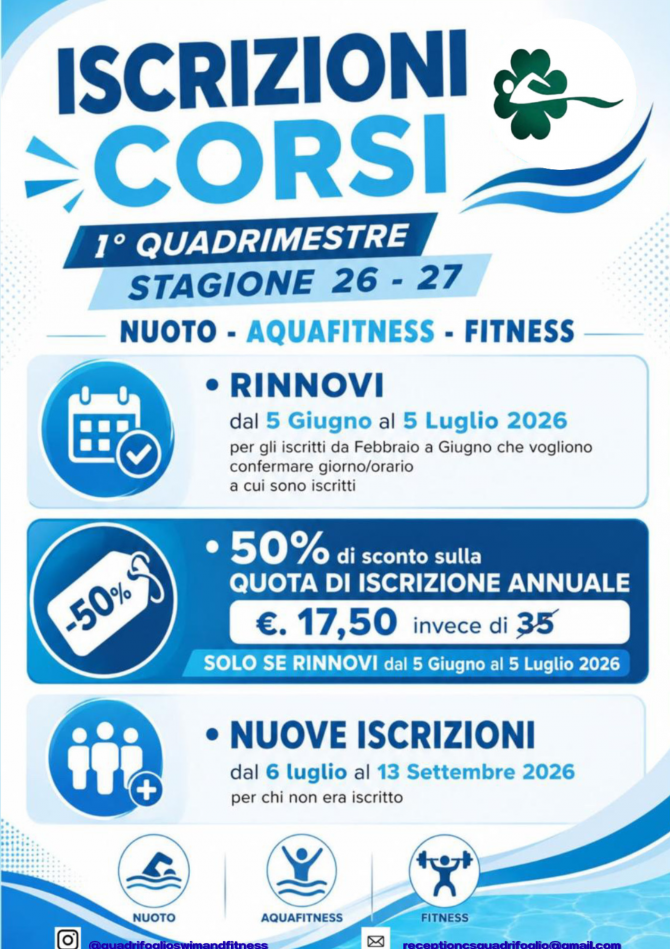 ISCRIZIONI 1° QUADRIMESTRE 2026 - 2027 - Centro Sportivo Quadrifoglio